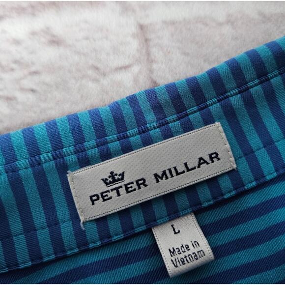 Men's Peter Millar Size Large Short Sleeve Polo Shirt Striped Blue - Picture 7 of 7